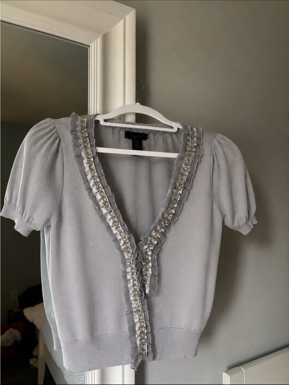 Light Gray Cardigan -Trim Short Sleeve Knit Top